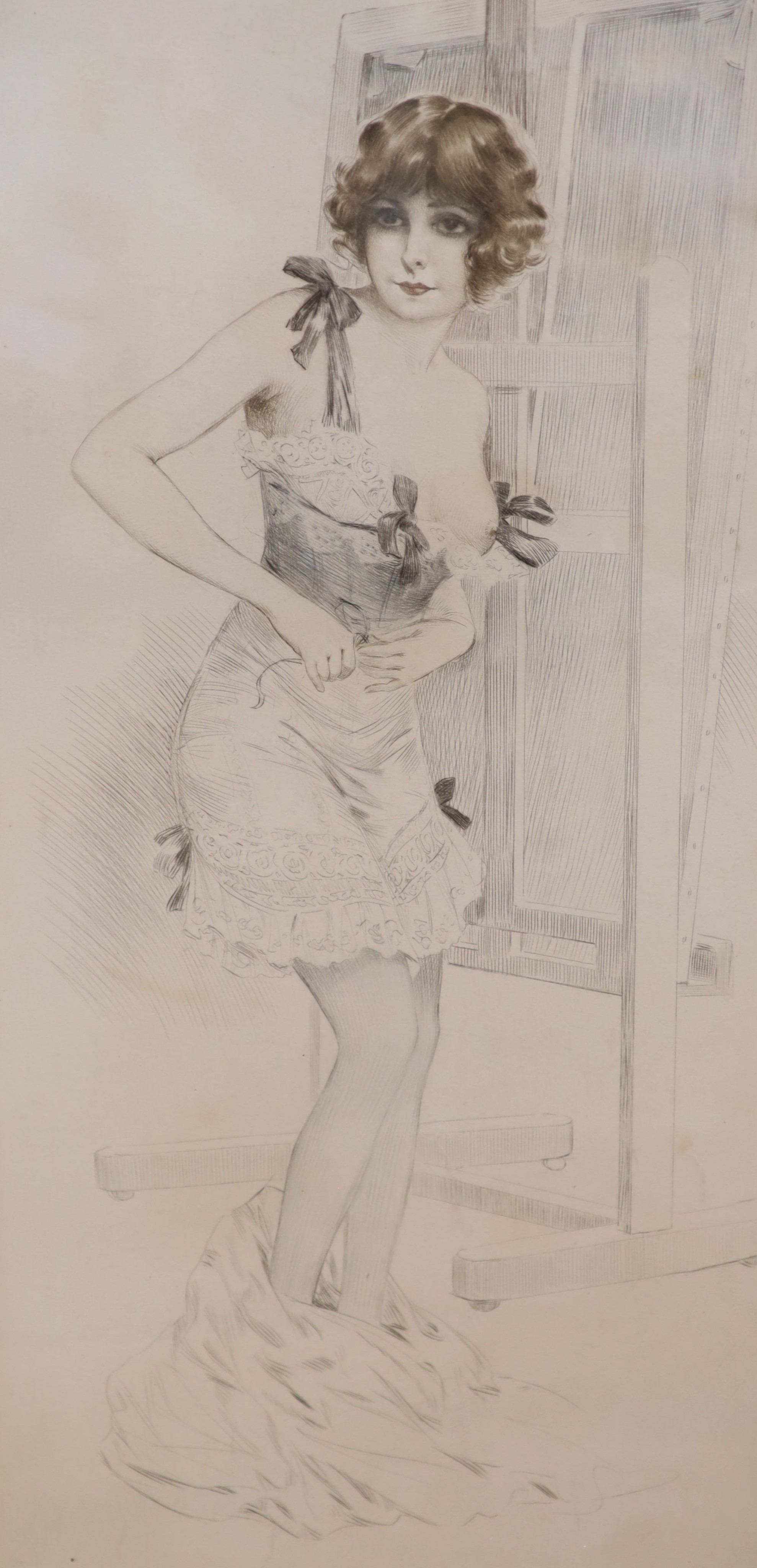 Three Continental coloured drypoint etchings, signed, circa 1913, posing young ladies, largest 39 x 18cm.
